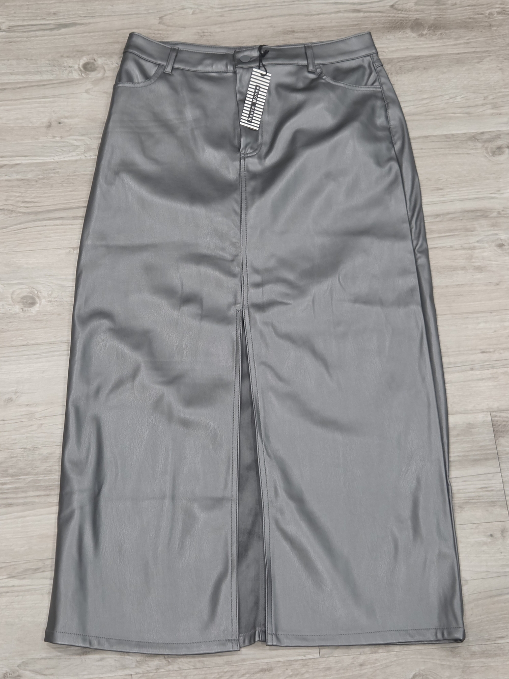 Haute Monde Gray Faux Leather Maxi Skirt with Center Slit